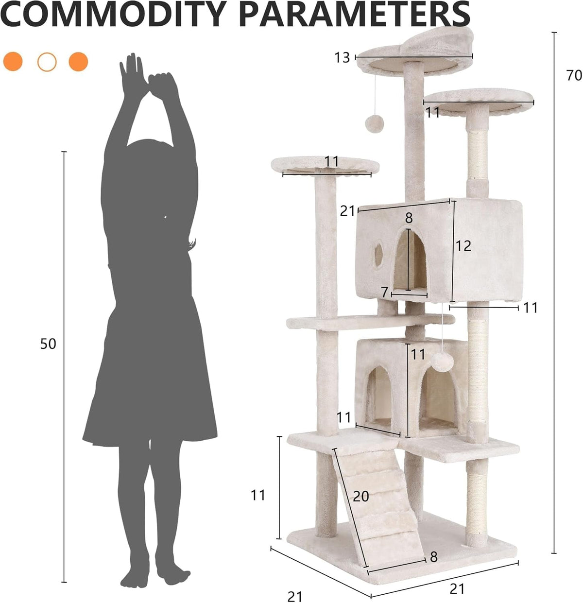 70" Cat Tree for Indoor Cats - Multi-Level Tower Kitten to Large Cats - Heavy Duty Scratching Post, Condo, Plush Perch, Beige - SmartPaws