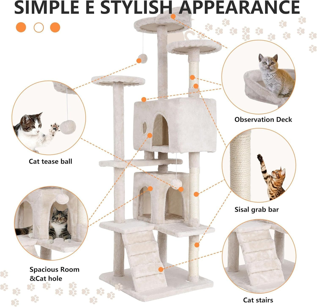 70" Cat Tree for Indoor Cats - Multi-Level Tower Kitten to Large Cats - Heavy Duty Scratching Post, Condo, Plush Perch, Beige - SmartPaws