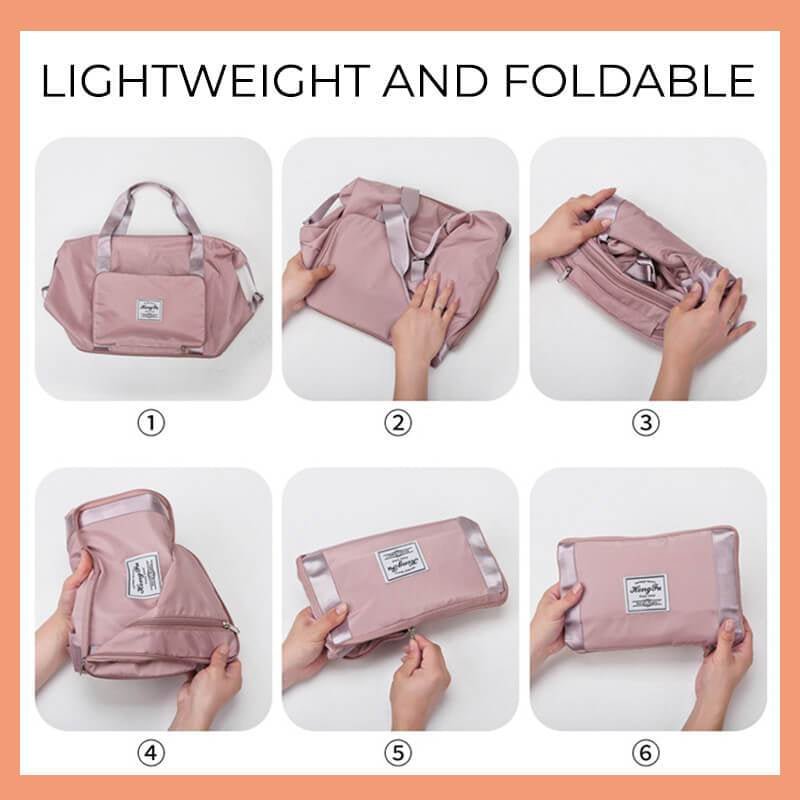 Travel Gym Bag showcasing its lightweight and foldable design in six easy steps.