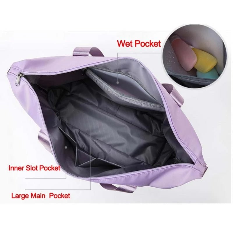 Interior of Travel Gym Bag showing spacious compartments including wet pocket, inner slot pocket, and large main pocket.