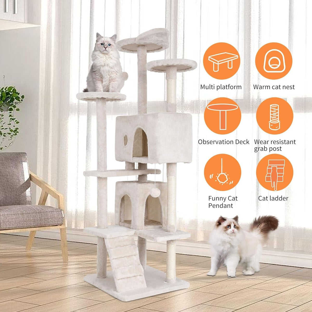 70" Cat Tree for Indoor Cats - Multi-Level Tower Kitten to Large Cats - Heavy Duty Scratching Post, Condo, Plush Perch, Beige - SmartPaws