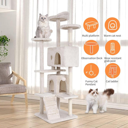 70" Cat Tree for Indoor Cats - Multi-Level Tower Kitten to Large Cats - Heavy Duty Scratching Post, Condo, Plush Perch, Beige - SmartPaws