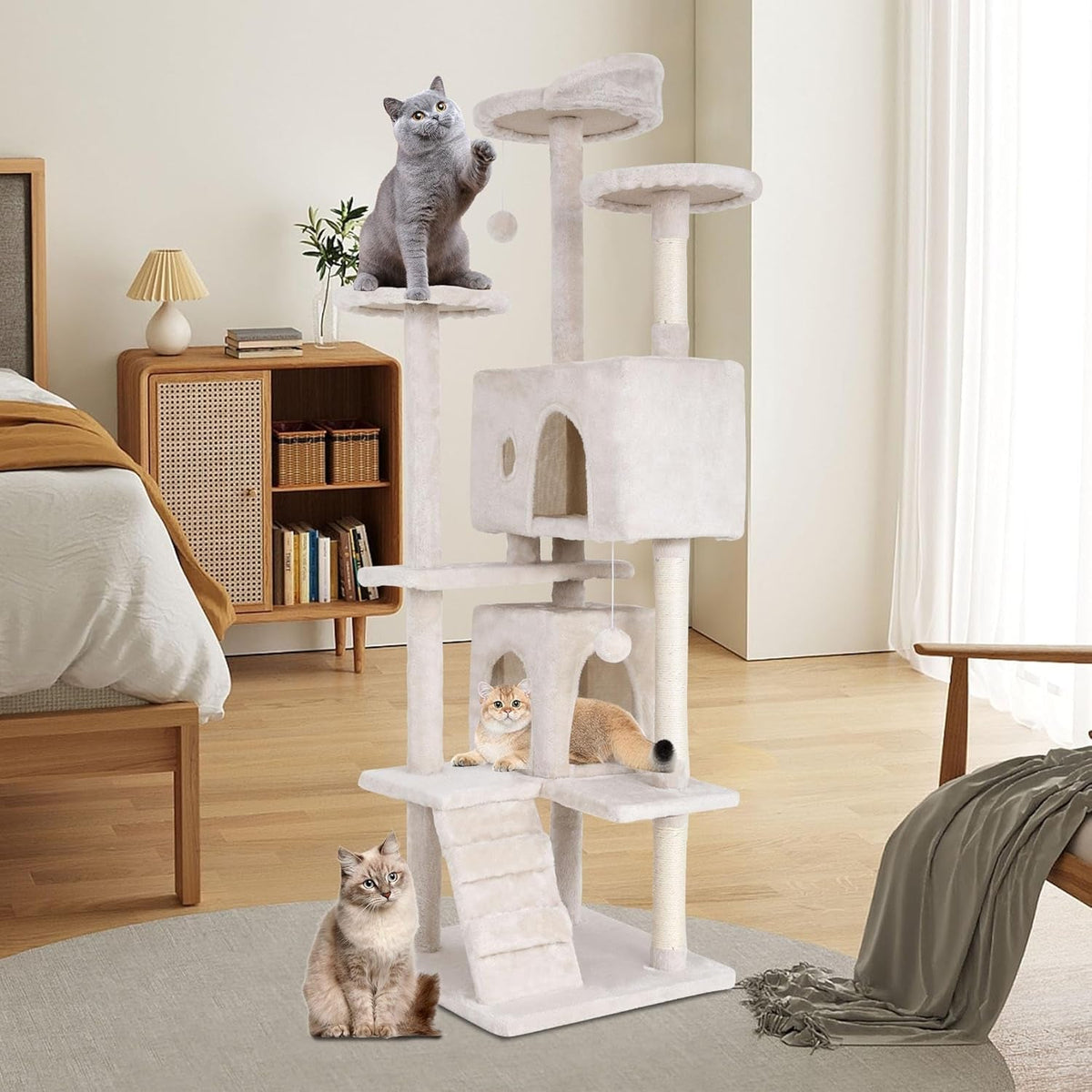 70" Cat Tree for Indoor Cats - Multi-Level Tower Kitten to Large Cats - Heavy Duty Scratching Post, Condo, Plush Perch, Beige - SmartPaws