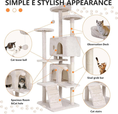 70" Cat Tree for Indoor Cats - Multi-Level Tower Kitten to Large Cats - Heavy Duty Scratching Post, Condo, Plush Perch, Beige - SmartPaws