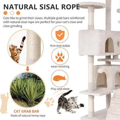 70" Cat Tree for Indoor Cats - Multi-Level Tower Kitten to Large Cats - Heavy Duty Scratching Post, Condo, Plush Perch, Beige - SmartPaws