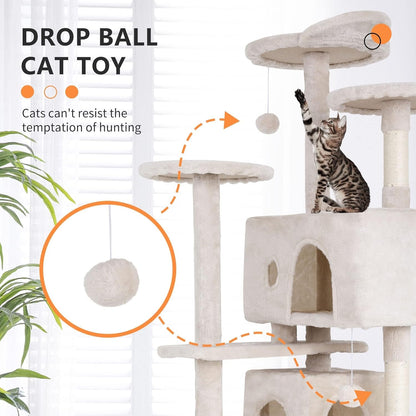 70" Cat Tree for Indoor Cats - Multi-Level Tower Kitten to Large Cats - Heavy Duty Scratching Post, Condo, Plush Perch, Beige - SmartPaws