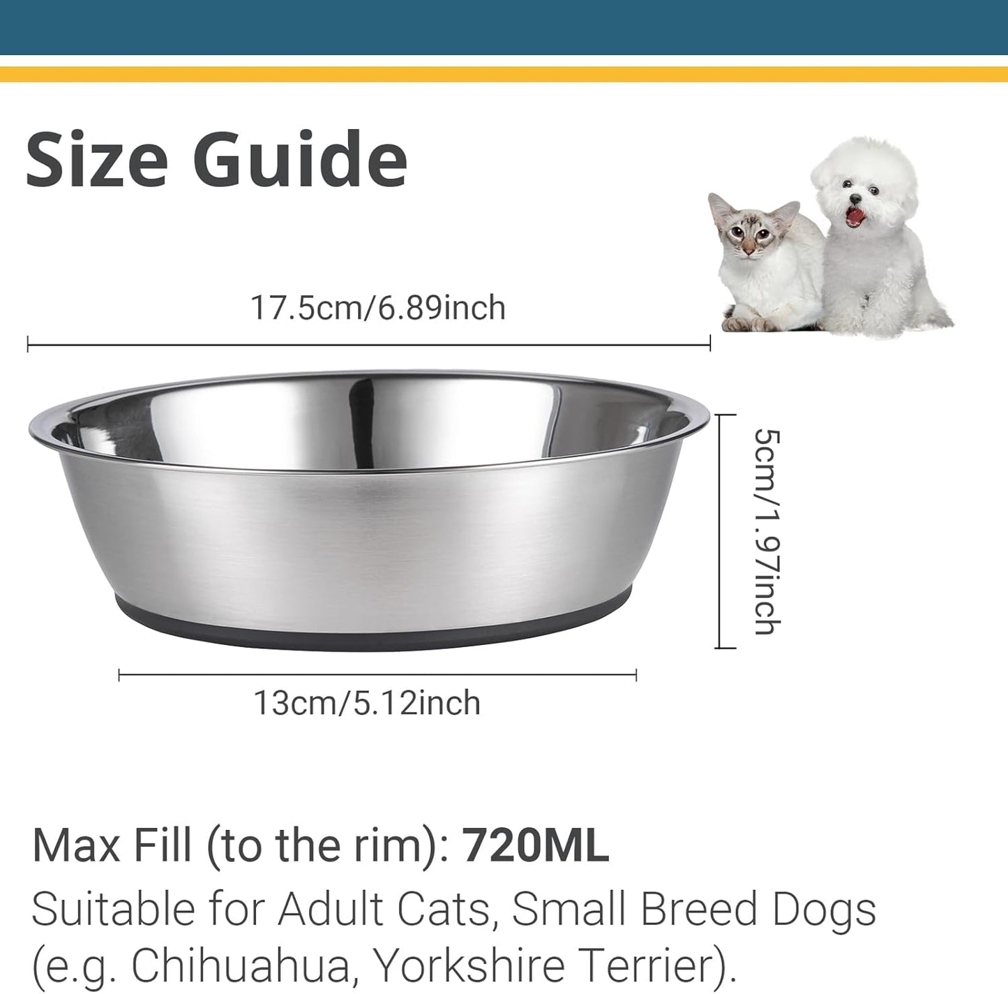 Lightweight Stainless Steel Cat Dog Bowls, 3 US Cup Each, 2-Pack