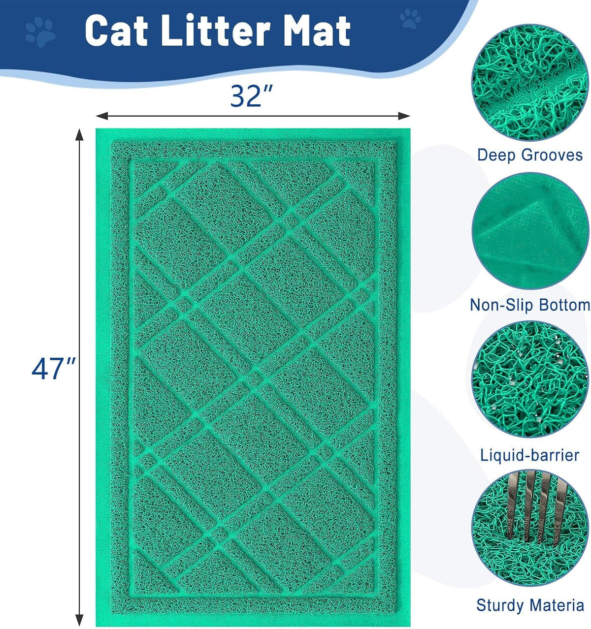 Cat Litter Box Mat 47X32, Non-Slip Water Resistant Litter Trapping Mat, Easy Clean Less Waste and Urine-Locking Cat Carpet for Indoor, Green - SmartPaws