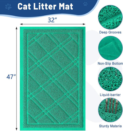 Cat Litter Box Mat 47X32, Non-Slip Water Resistant Litter Trapping Mat, Easy Clean Less Waste and Urine-Locking Cat Carpet for Indoor, Green - SmartPaws