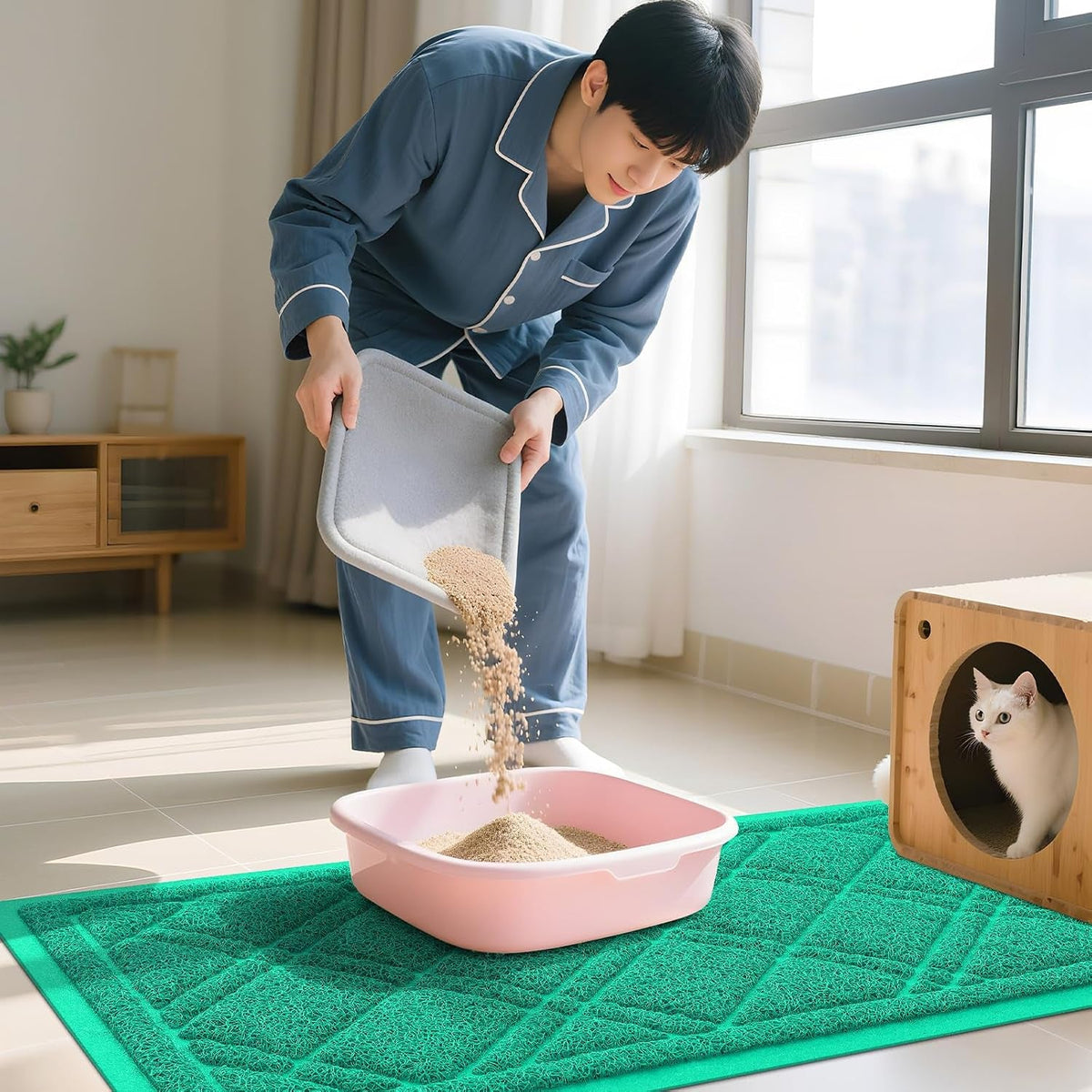Cat Litter Box Mat 47X32, Non-Slip Water Resistant Litter Trapping Mat, Easy Clean Less Waste and Urine-Locking Cat Carpet for Indoor, Green - SmartPaws