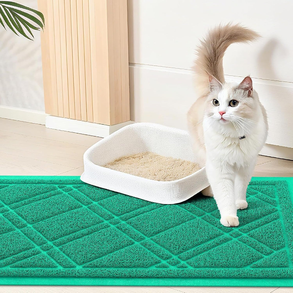 Cat Litter Box Mat 47X32, Non-Slip Water Resistant Litter Trapping Mat, Easy Clean Less Waste and Urine-Locking Cat Carpet for Indoor, Green - SmartPaws