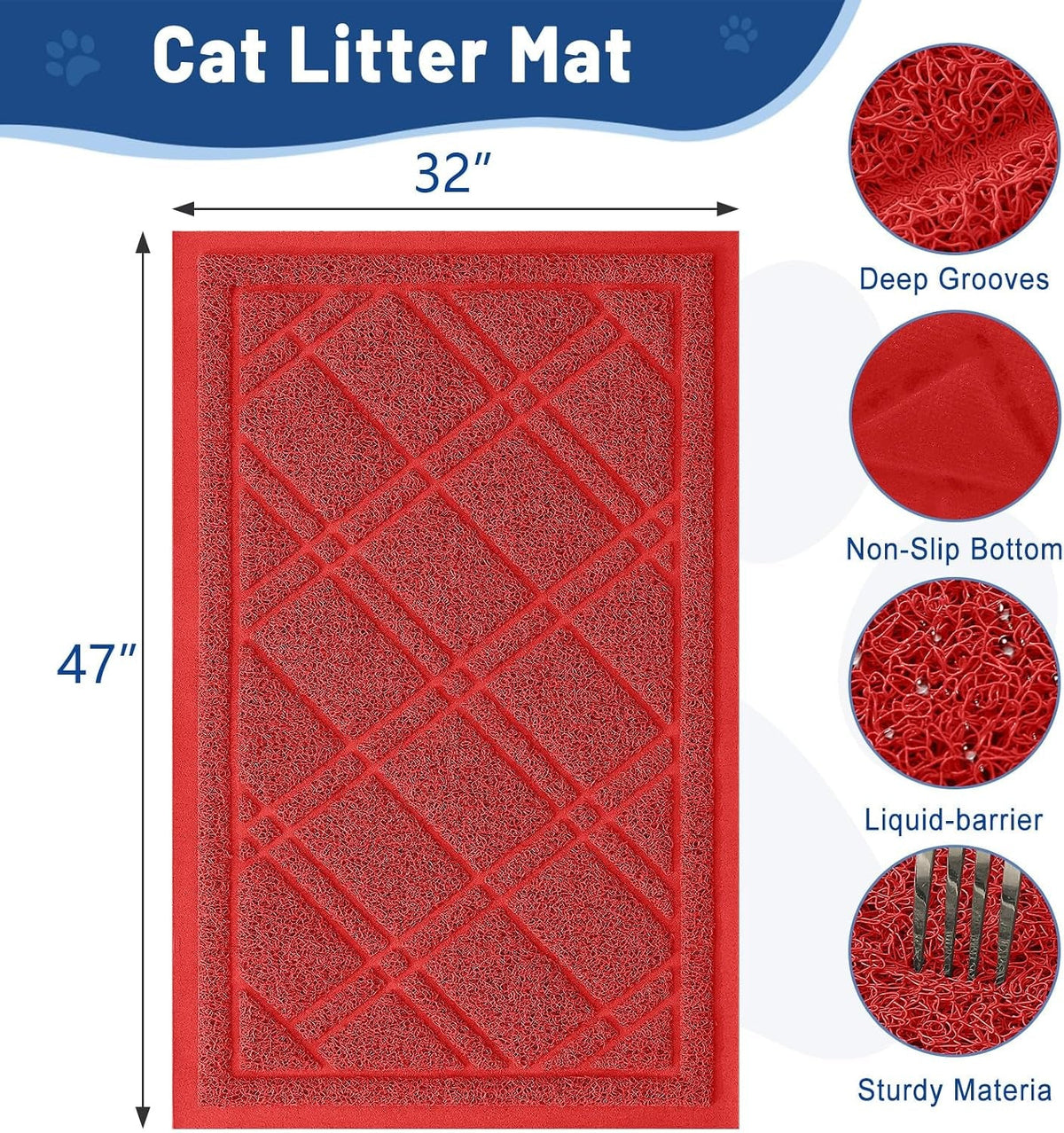 Cat Litter Box Mat 47X32, Non-Slip Water Resistant Litter Trapping Mat, Easy Clean Less Waste and Urine-Locking Cat Carpet for Indoor, Red - SmartPaws
