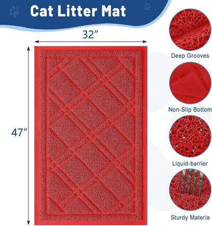 Cat Litter Box Mat 47X32, Non-Slip Water Resistant Litter Trapping Mat, Easy Clean Less Waste and Urine-Locking Cat Carpet for Indoor, Red - SmartPaws