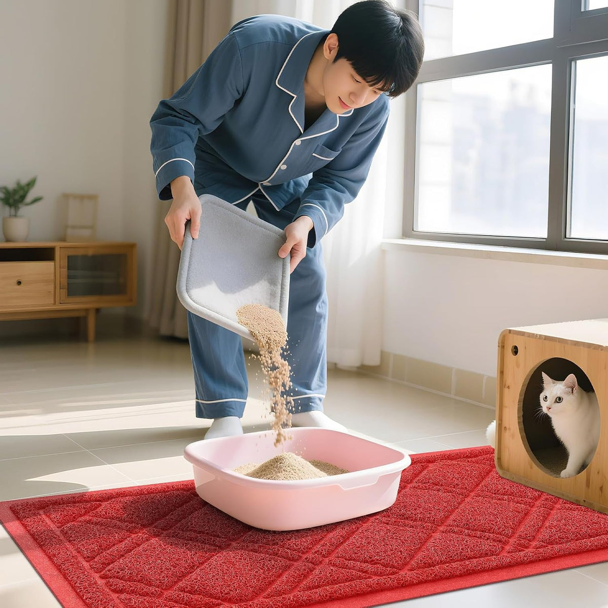Cat Litter Box Mat 47X32, Non-Slip Water Resistant Litter Trapping Mat, Easy Clean Less Waste and Urine-Locking Cat Carpet for Indoor, Red - SmartPaws