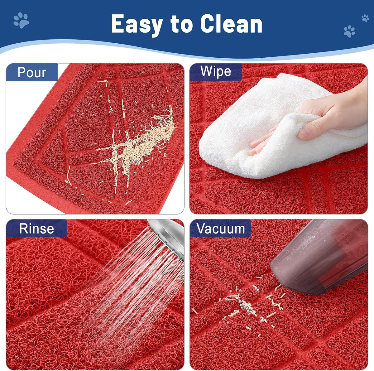 Cat Litter Box Mat 47X32, Non-Slip Water Resistant Litter Trapping Mat, Easy Clean Less Waste and Urine-Locking Cat Carpet for Indoor, Red - SmartPaws
