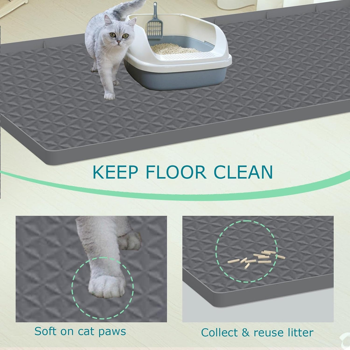 Cat Litter Mat for Litter Box, Silicone Large Cat Litter Trapping Mat - 51.2X25.6 In, Waterproof &amp; Non-Slip, Durable &amp; Easy Clean, Gray - SmartPaws