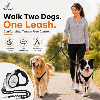 Dual Retractable Dog Leash,10 FT Tangle-Free Leash for 2 Dogs, Detachable for Single Use,One-Button Brake &amp; Lock, up to 44 Lbs Each, 360° Swivel, Non-Slip Handle + Poop Bag Holder (Grey) - SmartPaws