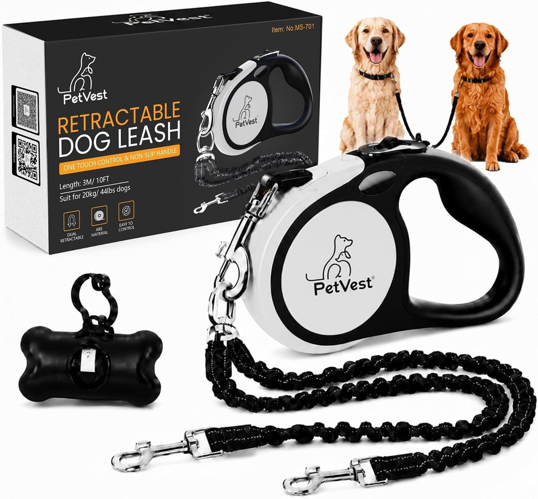 Dual Retractable Dog Leash,10 FT Tangle-Free Leash for 2 Dogs, Detachable for Single Use,One-Button Brake & Lock, up to 44 Lbs Each, 360° Swivel, Non-Slip Handle + Poop Bag Holder (Grey) - SmartPaws