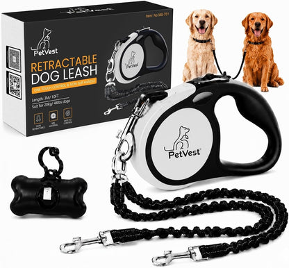 Dual Retractable Dog Leash,10 FT Tangle-Free Leash for 2 Dogs, Detachable for Single Use,One-Button Brake &amp; Lock, up to 44 Lbs Each, 360° Swivel, Non-Slip Handle + Poop Bag Holder (Grey) - SmartPaws