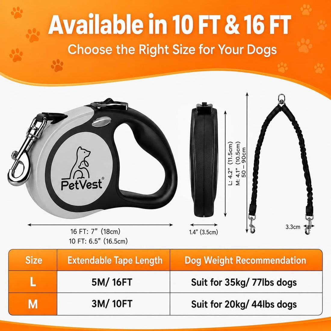 Dual Retractable Dog Leash,10 FT Tangle-Free Leash for 2 Dogs, Detachable for Single Use,One-Button Brake &amp; Lock, up to 44 Lbs Each, 360° Swivel, Non-Slip Handle + Poop Bag Holder (Grey) - SmartPaws