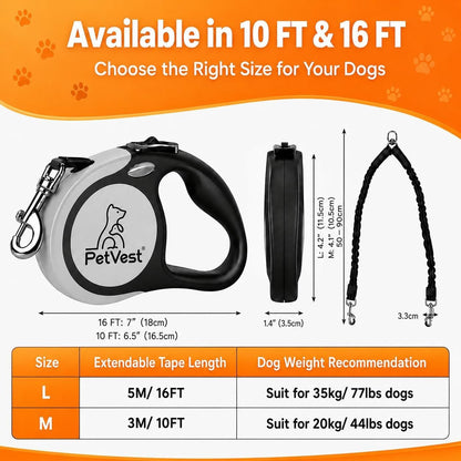 Dual Retractable Dog Leash,10 FT Tangle-Free Leash for 2 Dogs, Detachable for Single Use,One-Button Brake &amp; Lock, up to 44 Lbs Each, 360° Swivel, Non-Slip Handle + Poop Bag Holder (Grey) - SmartPaws