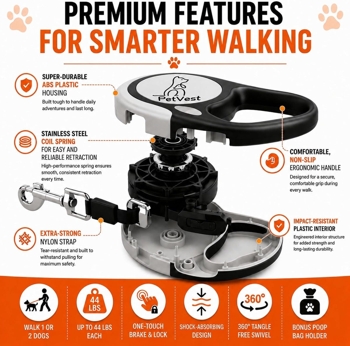 Dual Retractable Dog Leash,10 FT Tangle-Free Leash for 2 Dogs, Detachable for Single Use,One-Button Brake &amp; Lock, up to 44 Lbs Each, 360° Swivel, Non-Slip Handle + Poop Bag Holder (Grey) - SmartPaws