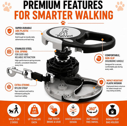 Dual Retractable Dog Leash,10 FT Tangle-Free Leash for 2 Dogs, Detachable for Single Use,One-Button Brake &amp; Lock, up to 44 Lbs Each, 360° Swivel, Non-Slip Handle + Poop Bag Holder (Grey) - SmartPaws