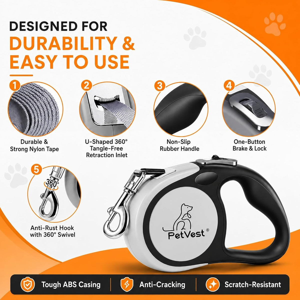 Dual Retractable Dog Leash,10 FT Tangle-Free Leash for 2 Dogs, Detachable for Single Use,One-Button Brake &amp; Lock, up to 44 Lbs Each, 360° Swivel, Non-Slip Handle + Poop Bag Holder (Grey) - SmartPaws