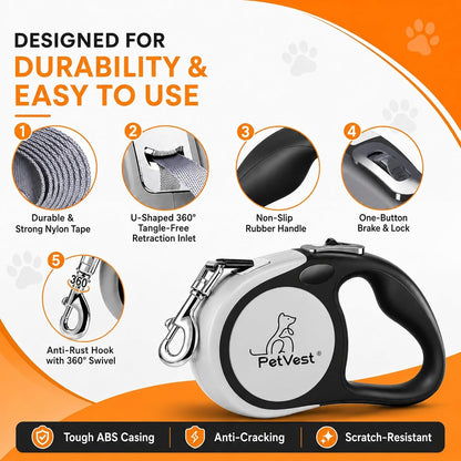 Dual Retractable Dog Leash,10 FT Tangle-Free Leash for 2 Dogs, Detachable for Single Use,One-Button Brake &amp; Lock, up to 44 Lbs Each, 360° Swivel, Non-Slip Handle + Poop Bag Holder (Grey) - SmartPaws