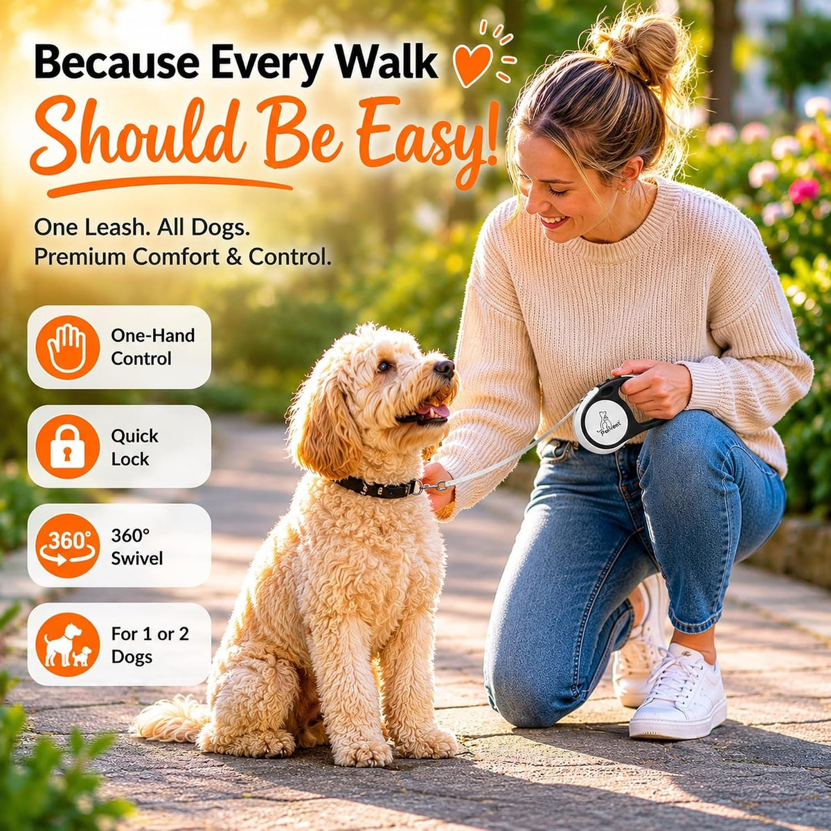 Dual Retractable Dog Leash,10 FT Tangle-Free Leash for 2 Dogs, Detachable for Single Use,One-Button Brake &amp; Lock, up to 44 Lbs Each, 360° Swivel, Non-Slip Handle + Poop Bag Holder (Grey) - SmartPaws