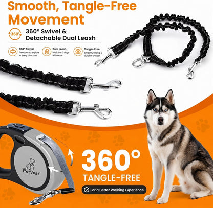 Dual Retractable Dog Leash,10 FT Tangle-Free Leash for 2 Dogs, Detachable for Single Use,One-Button Brake &amp; Lock, up to 44 Lbs Each, 360° Swivel, Non-Slip Handle + Poop Bag Holder (Grey) - SmartPaws