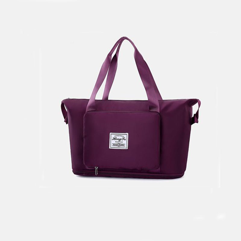 Travel Gym Bag in purple, foldable and waterproof with large capacity for gym and travel essentials.