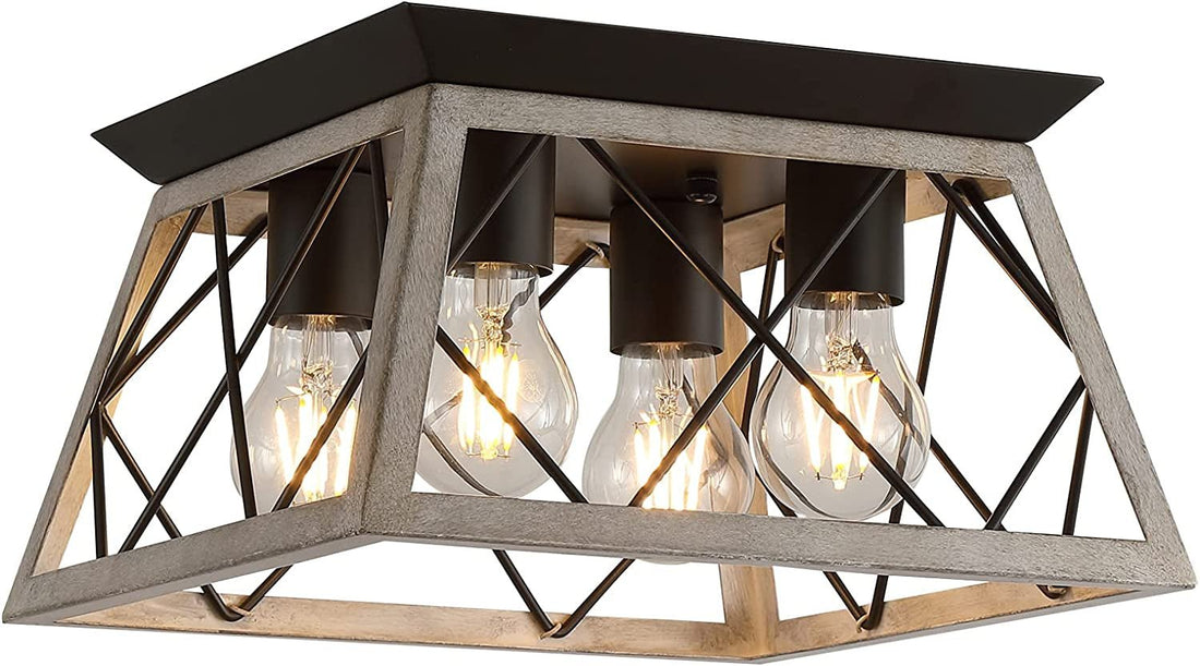 Vintage Farmhouse Flush Mount Ceiling Light Fixture, 4-Light Oak White Semi-Flush Mount Lamp, Rustic Industrial Square Cage Ceiling Light for Dining Room Bedroom Entryway Hallway Kitchen - SmartPaws